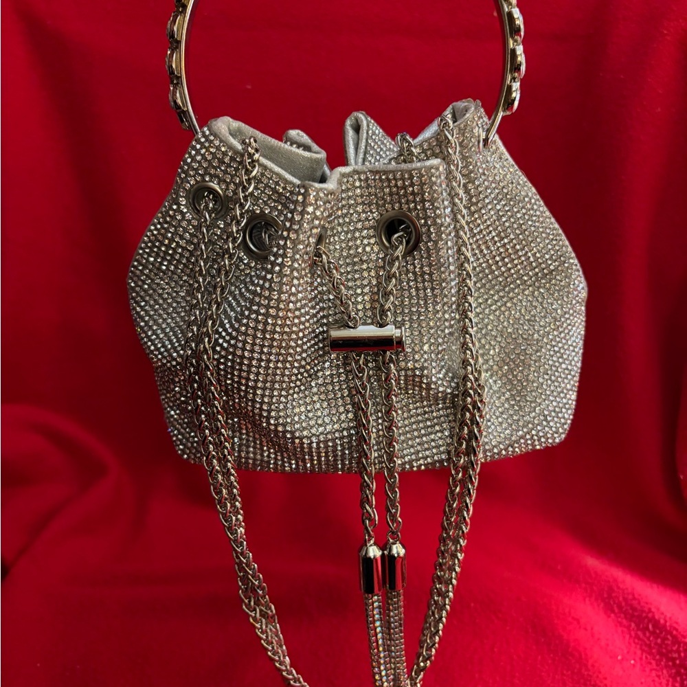 Silver Rhinestones Drawstring Mini Bucket Bag - Picture 3 of 8